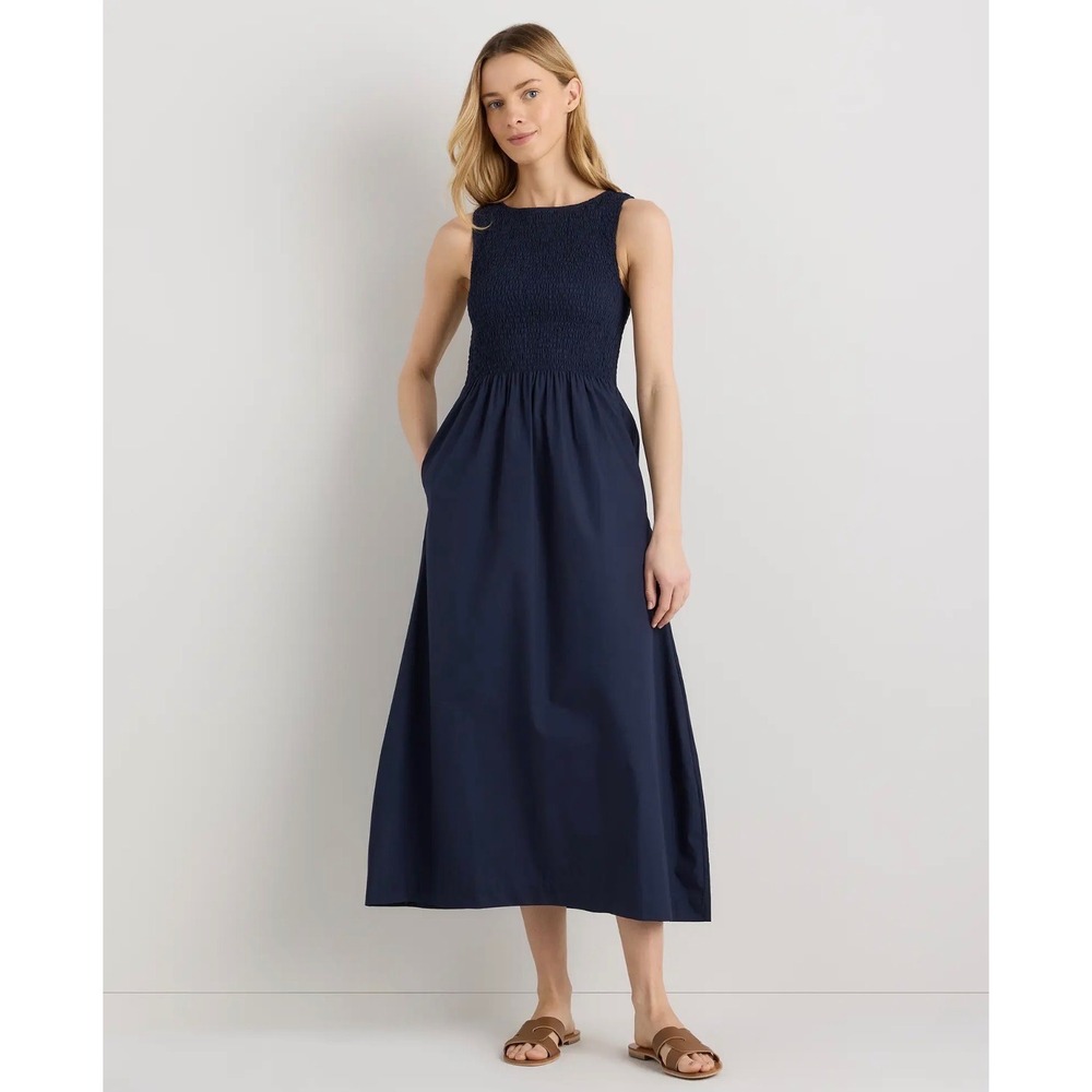 Quince 100% Organic Cotton Poplin Boat Neck Maxi Dress Navy M NWT